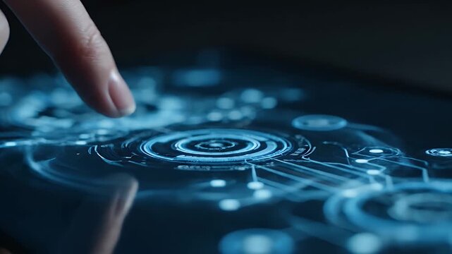 Finger Taps Futuristic Digital Screen Activating Blue Ui Elements