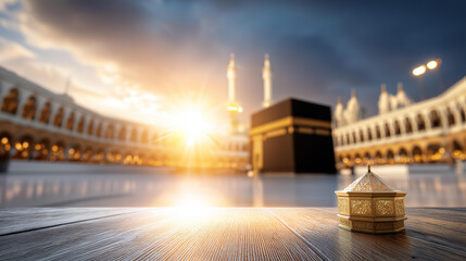 Obraz premium Kaaba standing majestically in Mecca Saudi Arabia, sacred site for Muslims during Hajj, bright sky setting, holy sanctuary landscape, with copy space