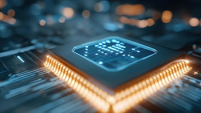 Close up view of a glowing computer processor chip on a circuit board.