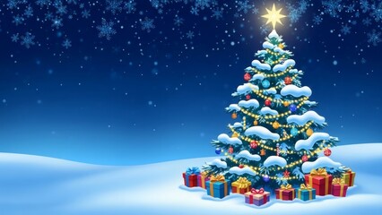Christmas Tree with Gifts in Snowy Landscape.