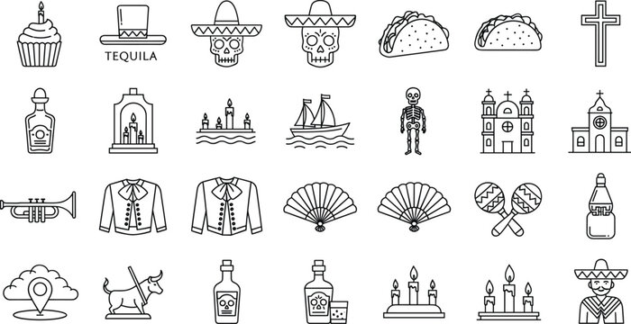 Mexican culture line icons set with food drinks landmarks religion music and traditional celebration symbols