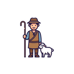Obraz premium Cartoon Shepherd Standing with Sheep and Staff.