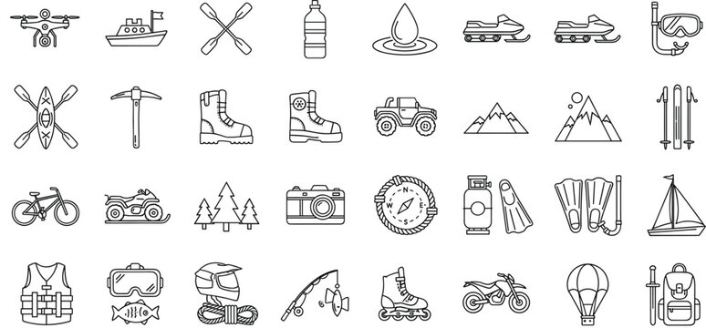PrintOutdoor adventure line icons set with camping hiking travel equipment nature activities and exploration symbols