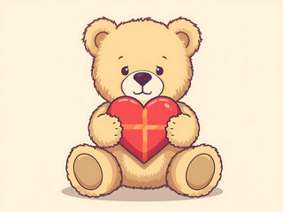 Fototapeta premium A sweet brown plush teddy bear sits isolated as a soft stuffed animal toy, holding a red heart in a cute cartoon vector illustration perfect for a childhood gift of love