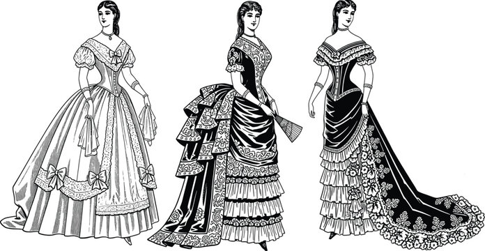 Victorian era fashion illustration featuring elegant women in historical dresses, vintage gowns, lace details, embroidery, and classic costume design.