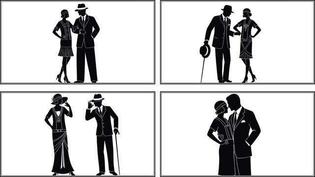 Vintage 1920s couple silhouette illustration featuring flapper fashion, retro style, elegant poses, classic attire, roaring twenties dance scene.