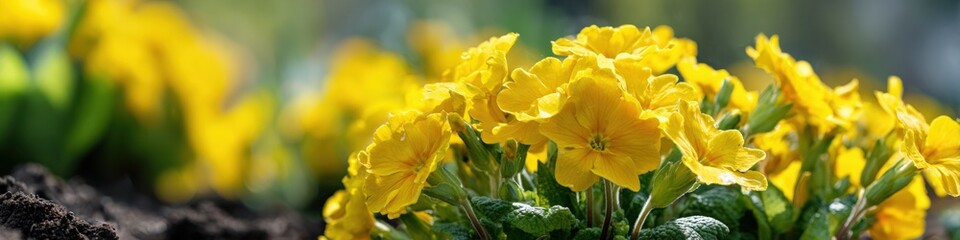 Vibrant yellow primroses blooming in sunlit garden bed