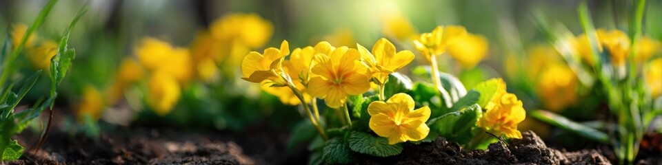Fototapeta premium Bright yellow primroses blooming in a sunlit garden landscape