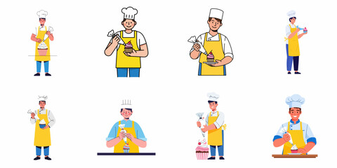 Fototapeta premium Collection of smiling male pastry chefs and bakers decorating various colorful cupcakes and muffins with frosting using piping bags, vector illustration set.