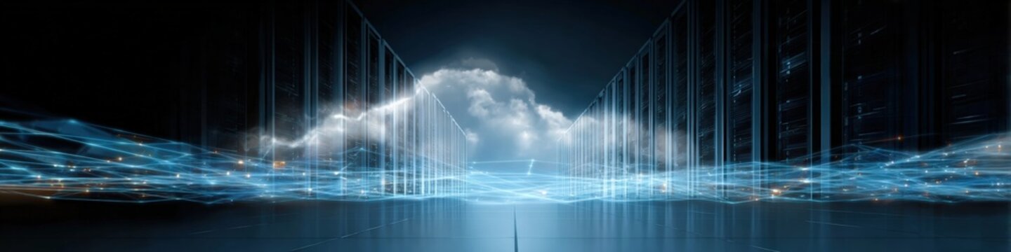 Futuristic cloud computing data center with digital network connections