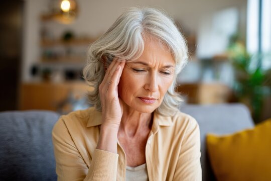Elderly caucasian female experiencing headache at home