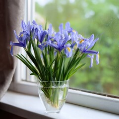 Elegant purple irises in a clear vase on a sunlit window sill © Iryna