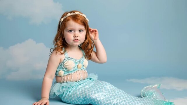 Cute little girl with red hair wearing mermaid costume. Toddler dressed up for Halloween or fantasy play sitting in studio. Blue sky with clouds background
