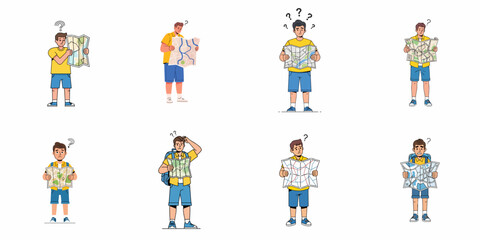 Fototapeta premium Set of vector illustrations showing confused male tourists or travelers holding large paper maps, lost and searching for direction during their journey.