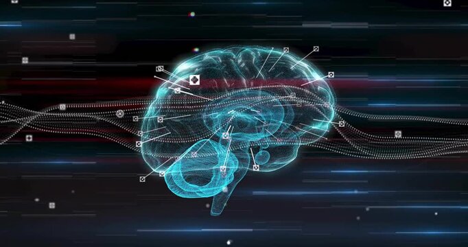 Cyan brain model appearing causing red-white data streams flowing across lobes for visualization
