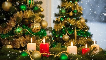 Christmas Trees with Candles and Ornaments.