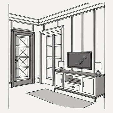 Elegant Living Room Interior Design Sketch with Furniture.
