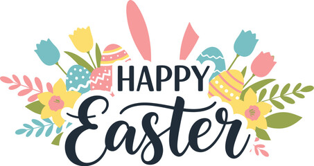 Obraz premium Vibrant Happy Easter greeting card illustration featuring colorful eggs, cute bunny ears, and beautiful spring flowers on a clean white background.
