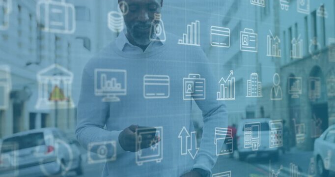 Businessman scrolling smartphone on street summoning finance icons via voice command updating chart