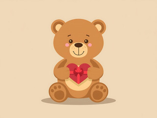 Fototapeta premium A cute brown teddy bear sits as a sweet soft toy illustration, holding a red heart gift in a cartoon vector art design perfect for a childhood Valentine icon