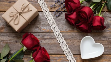 Red ribbon and lace on rustic wood