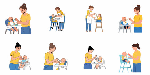 Fototapeta premium Vector set of mother feeding a happy baby in a highchair with a spoon, illustrating early childhood mealtime and nutrition.