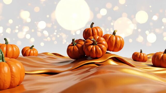 Group of miniature pumpkins displayed on gold liquid background with bokeh lights against a light background