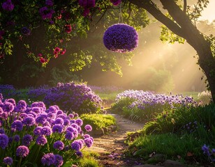 Sunlit garden pathway adorned with purple allium blooms, a magical ball hangs from a tree