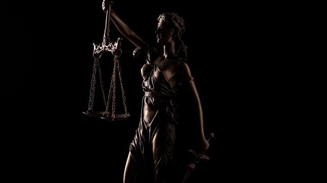 Blindfolded figure of the Roman goddess Justitia turns slowly to face forward, gripping a sword and weighing scales in a display of judicial authority against a black background.
