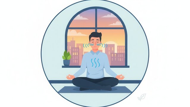 Man practicing mindful breathing and meditation indoors overlooking a tranquil city skyline view