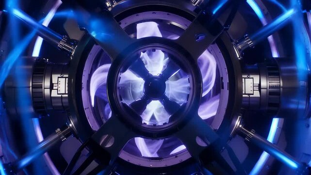 Close-up of a fusion reactor core, swirling plasma in violet and white, magnetic fields glowing, intense energy and cinematic scale.