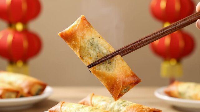 Golden crispy spring roll with steam held by chopsticks