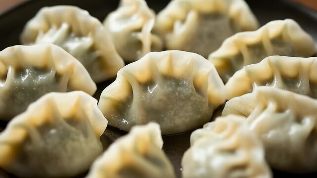 Close up of juicy Chinese dumplings neatly arranged on a plate