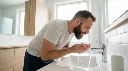 Bearded man washing face at bathroom sink during morning routine