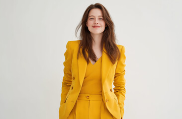 Obraz premium A confident businesswoman wearing a vibrant yellow suit standing alone