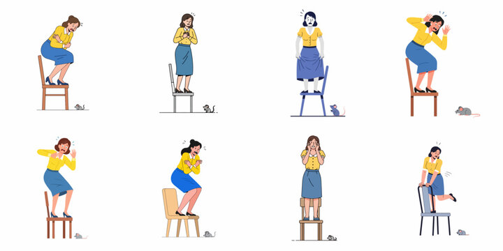 Woman Scared of Mouse Collection. Set of eight cartoon illustrations showing terrified female characters panicking and standing on chairs to escape a small rodent.
