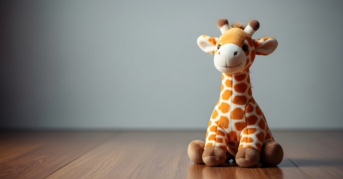 Toy Giraffe Sits Comfortably on Wooden Floor Casting a Gentle Shadow