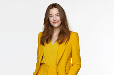Obraz premium A young professional woman in a bright yellow business suit smiling confidently