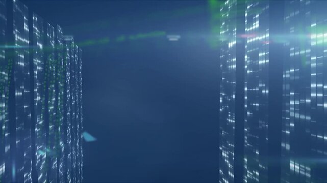 Animation of data processing on navy background with lights