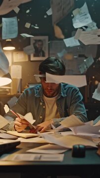 Cinematic 4K stock video, frustrated man messy desk, surrounded by swirling papers sticky notes, floating sketches text fragments, slow-motion, dynamic paper storm, dramatic cinematic lighting, warm