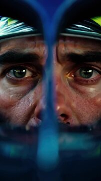 Cinematic extreme close-up Formula 1 driver&rsquo;s eyes inside cockpit, reflections race track lights eyes, detailed facial skin texture sweat, intense focus adrenaline blur high-speed racing cockpit