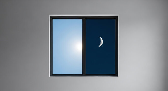 "A conceptual image of a split window showcasing the balance of day and night, with a bright sun on one side and a crescent moon on the other, representing harmony between daylight and twilight."