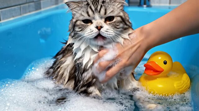 Grumpy fluffy cat being bathed with bubbles and yellow rubber ducky in a bright blue tub