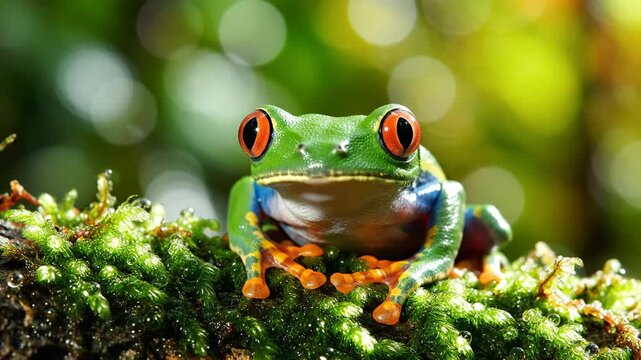 Green tree frog with bright red eyes perched on moss, against a blurry green forest background