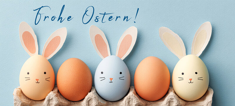 Frohe Ostern Feier Feiertag Gru&szlig;karte, Karte mit deutschem Text - Ostereier, Eier mit Hasenohren in Eierkarton
