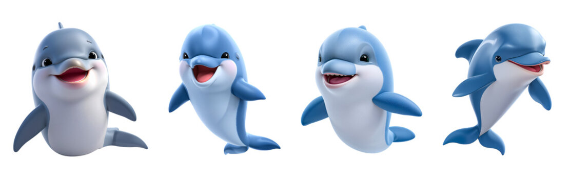 Cartoon funny dolphin, 3D design illustration isolated on transparent background