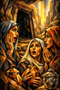Easter Cubist depiction of three women at an empty tomb