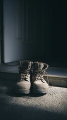threshold, footwear, labor, boots, transition, door, construction, dirt, utility, work, outdoor, modern, step, clean, home, muddy, worn, contrast, entrance, protection