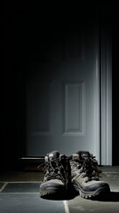 threshold, footwear, labor, boots, transition, door, construction, dirt, utility, work, outdoor, modern, step, clean, home, muddy, worn, contrast, entrance, protection