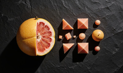 Pomelo Geometric Dissection. A pomelo is precisely cut into perfect geometric shapes-cubes, pyramids, and spheres-and arranged in an exploded-view diagram